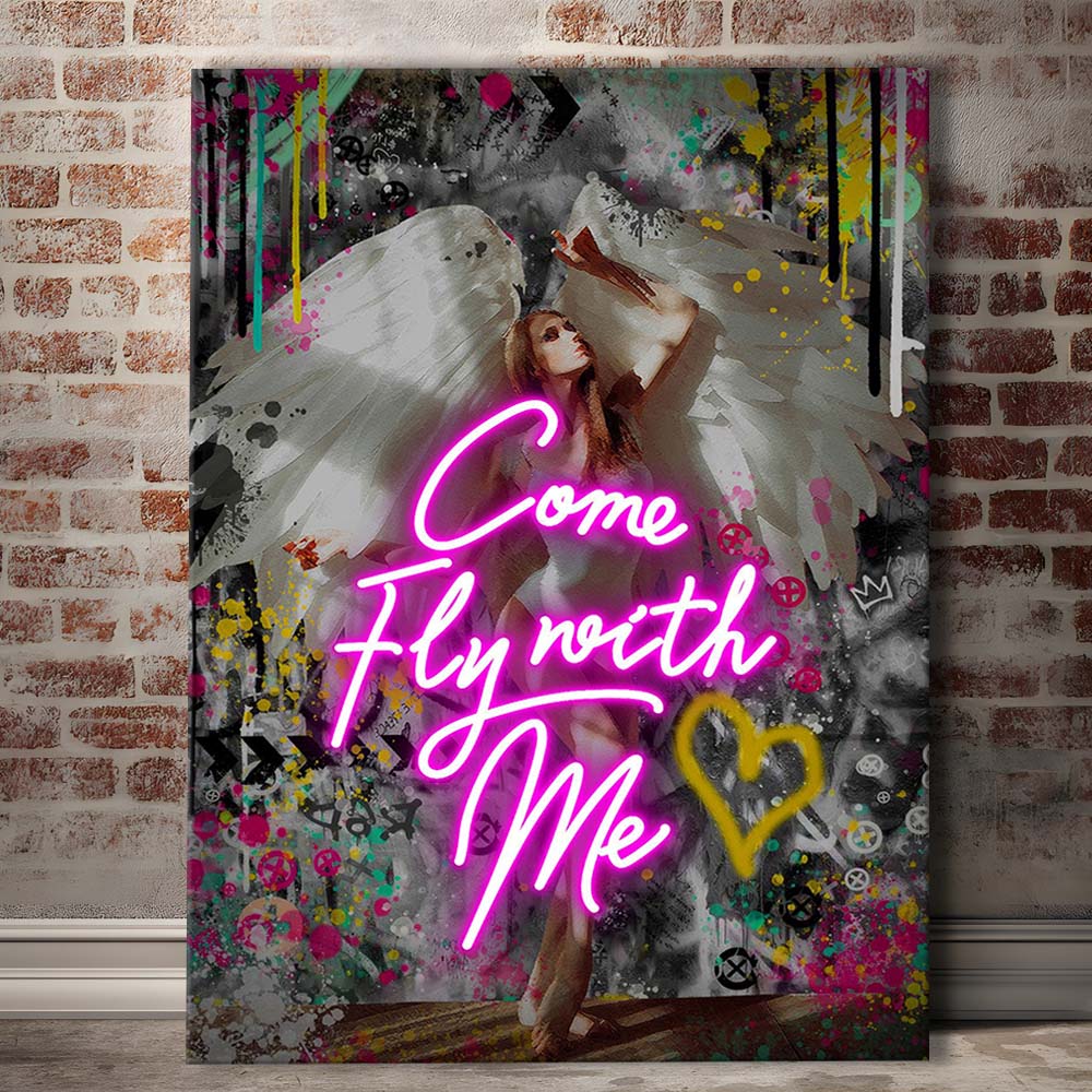 Come Fly With Me, Neon Sign Effect Art, Canvas Print, Luxury Wall Art Decor, Modern Art