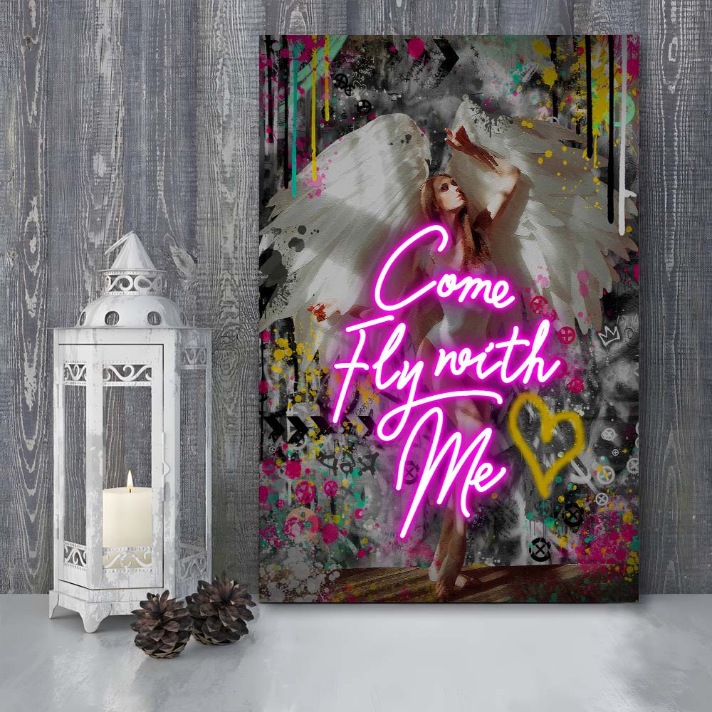 Come Fly With Me, Neon Sign Effect Art, Canvas Print, Luxury Wall Art Decor, Modern Art