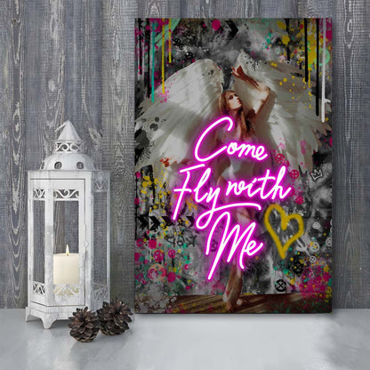 Come Fly With Me, Neon Sign Effect Art, Canvas Print, Luxury Wall Art Decor, Modern Art