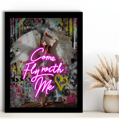 Come Fly With Me, Neon Sign Effect Art, Framed Art Print, Picture Framed Wall Art Decor