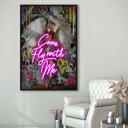 Come Fly With Me, Neon Sign Effect Art, Framed Canvas Print, Floating Frame, Luxury Wall Art Decor