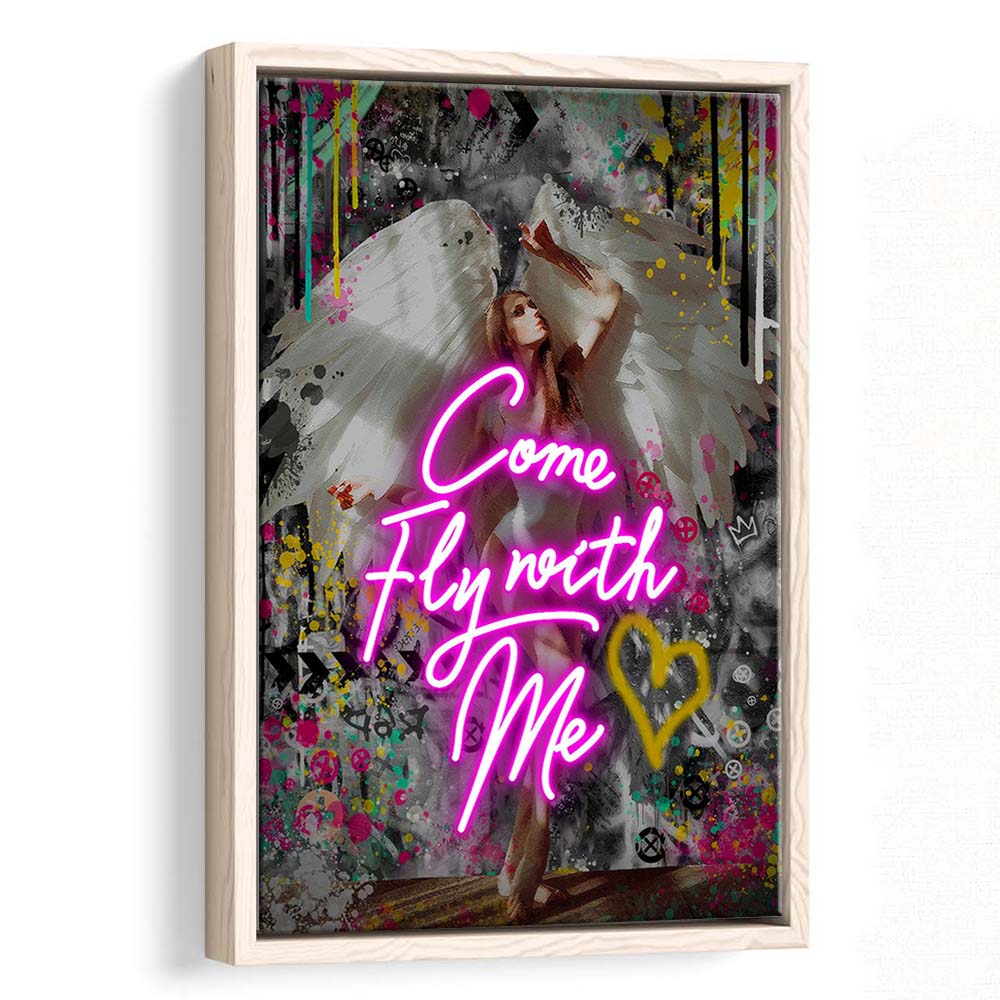 Come Fly With Me, Neon Sign Effect Art, Framed Canvas Print, Floating Frame, Luxury Wall Art Decor