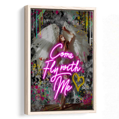 Come Fly With Me, Neon Sign Effect Art, Framed Canvas Print, Floating Frame, Luxury Wall Art Decor
