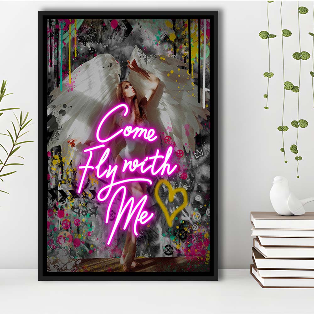 Come Fly With Me, Neon Sign Effect Art, Framed Canvas Print, Floating Frame, Luxury Wall Art Decor