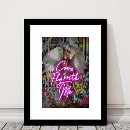 Come Fly With Me, Neon Sign Effect Art, Framed Art Print, Luxury Pictures Framed, White Border