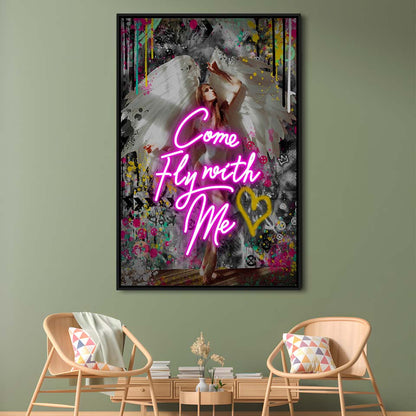 Come Fly With Me, Neon Sign Effect Art, Framed Canvas Print, Floating Frame, Luxury Wall Art Decor