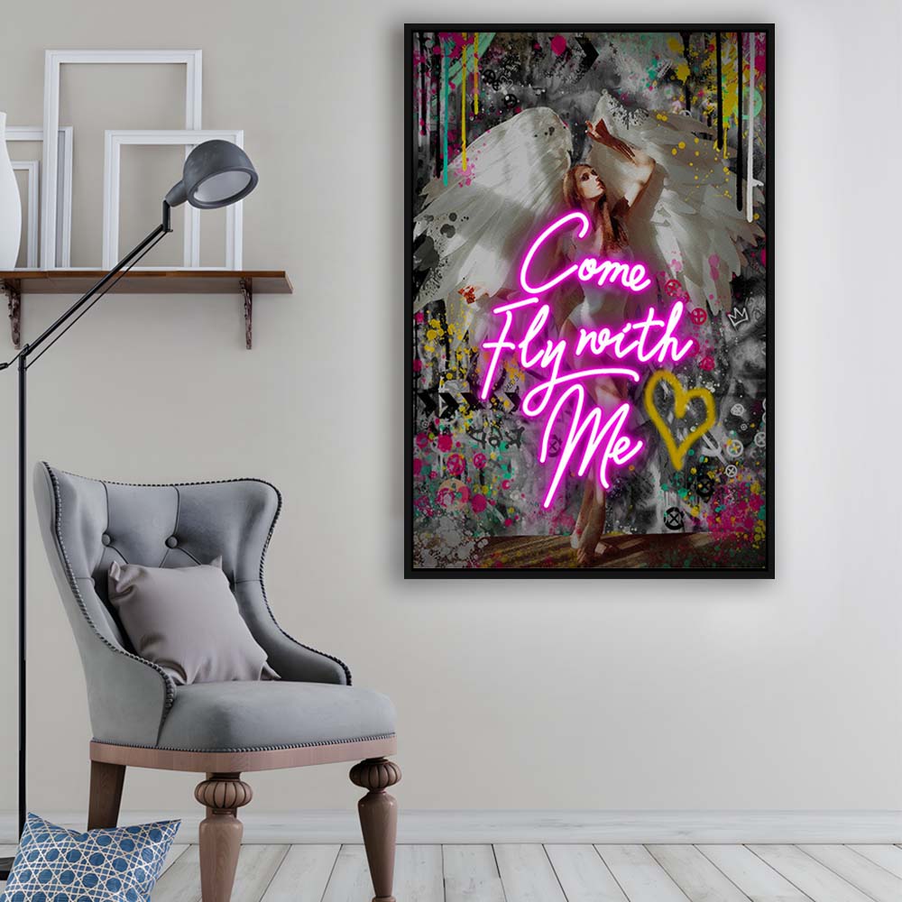 Come Fly With Me, Neon Sign Effect Art, Framed Canvas Print, Floating Frame, Luxury Wall Art Decor