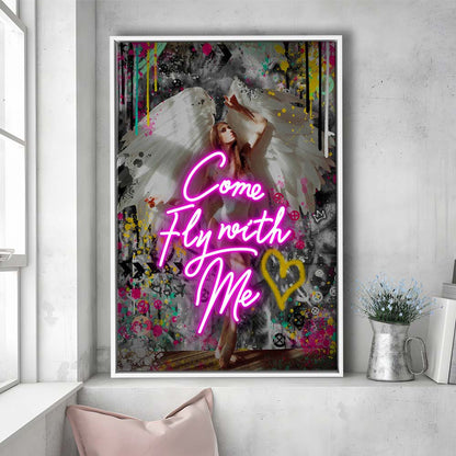 Come Fly With Me, Neon Sign Effect Art, Framed Canvas Print, Floating Frame, Luxury Wall Art Decor