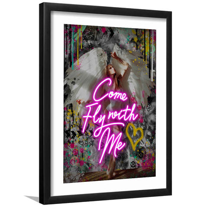 Come Fly With Me, Neon Sign Effect Art, Framed Art Print, Luxury Pictures Framed, White Border