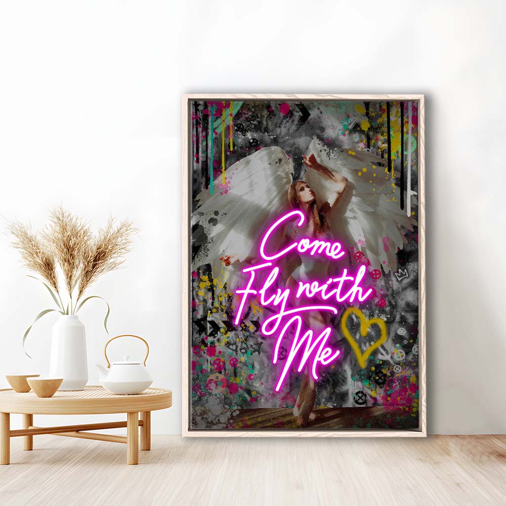 Come Fly With Me, Neon Sign Effect Art, Framed Canvas Print, Floating Frame, Luxury Wall Art Decor