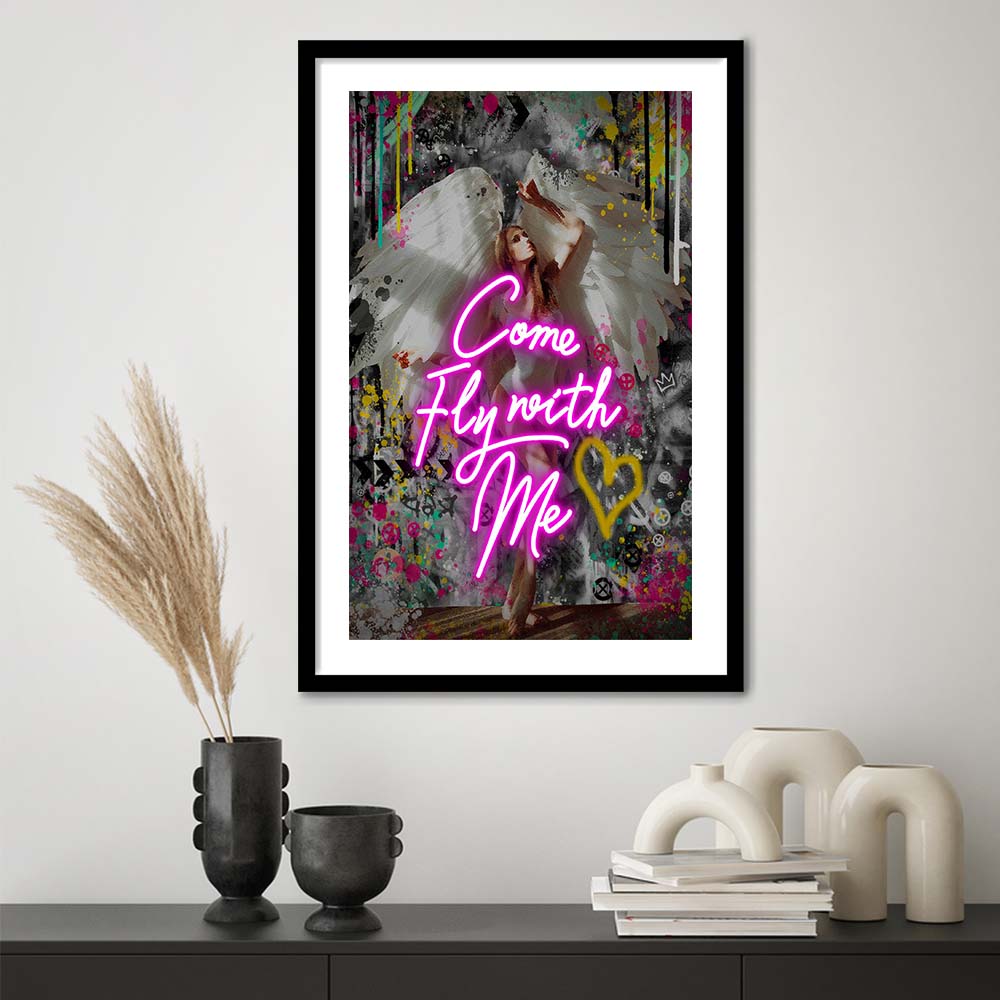 Come Fly With Me, Neon Sign Effect Art, Framed Art Print, Luxury Pictures Framed, White Border