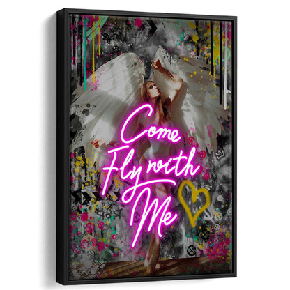 Come Fly With Me, Neon Sign Effect Art, Framed Canvas Print, Floating Frame, Luxury Wall Art Decor
