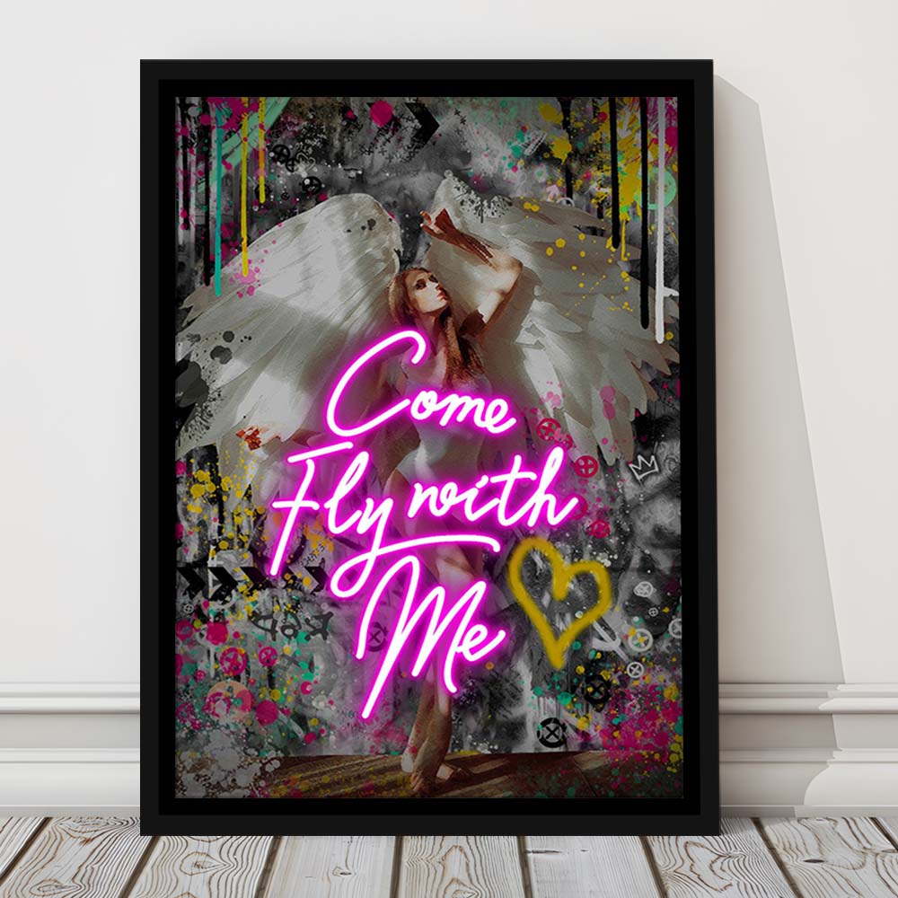 Come Fly With Me, Neon Sign Effect Art, Framed Canvas Print, Floating Frame, Luxury Wall Art Decor