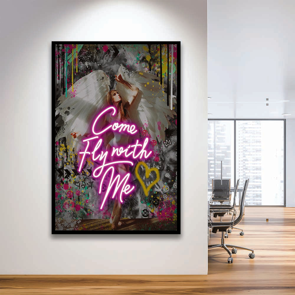 Come Fly With Me, Neon Sign Effect Art, Framed Art Print, Picture Framed Wall Art Decor