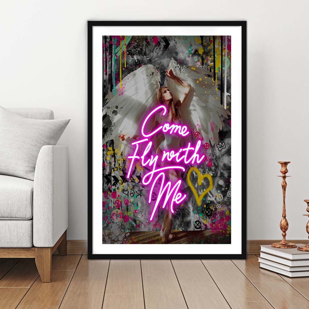 Come Fly With Me, Neon Sign Effect Art, Framed Art Print, Luxury Pictures Framed, White Border