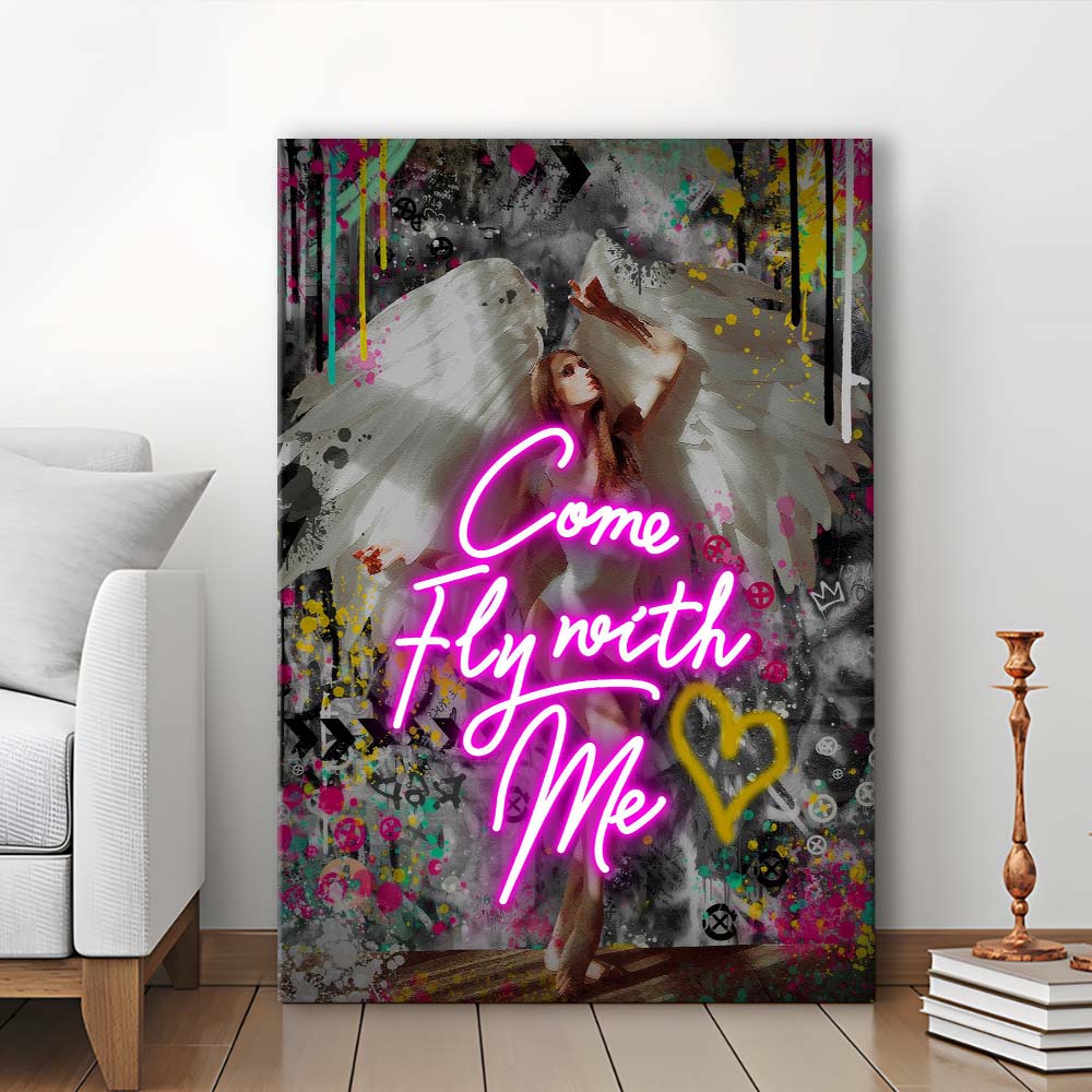 Come Fly With Me, Neon Sign Effect Art, Canvas Print, Luxury Wall Art Decor, Modern Art