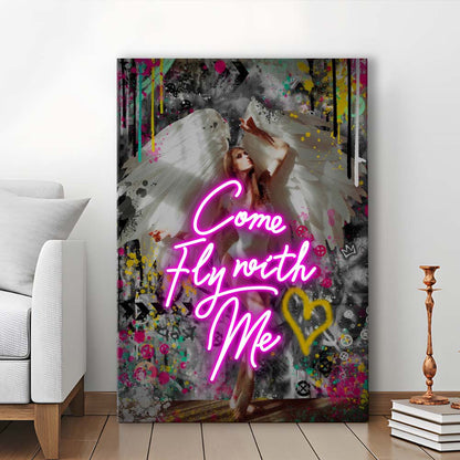Come Fly With Me, Neon Sign Effect Art, Canvas Print, Luxury Wall Art Decor, Modern Art