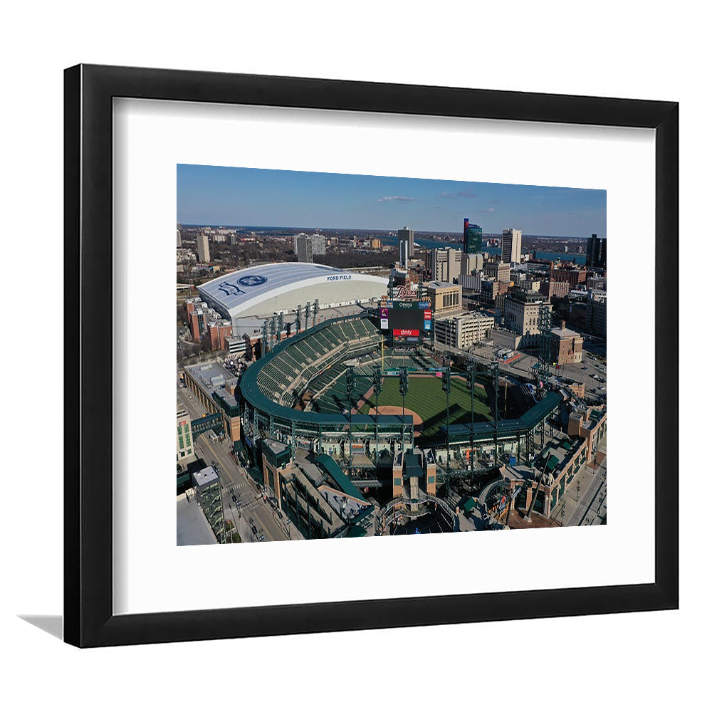 Comerica Park Aerial View, Stadium Canvas, Sport Art, Gift for him, White Border Framed Art Print Wall Decor