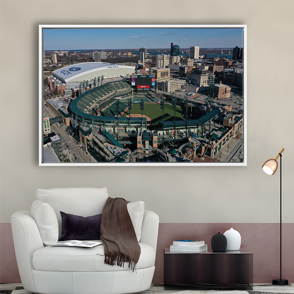 Comerica Park Aerial View, Stadium Canvas, Sport Art, Framed Canvas Print Wall Art, Floating Frame