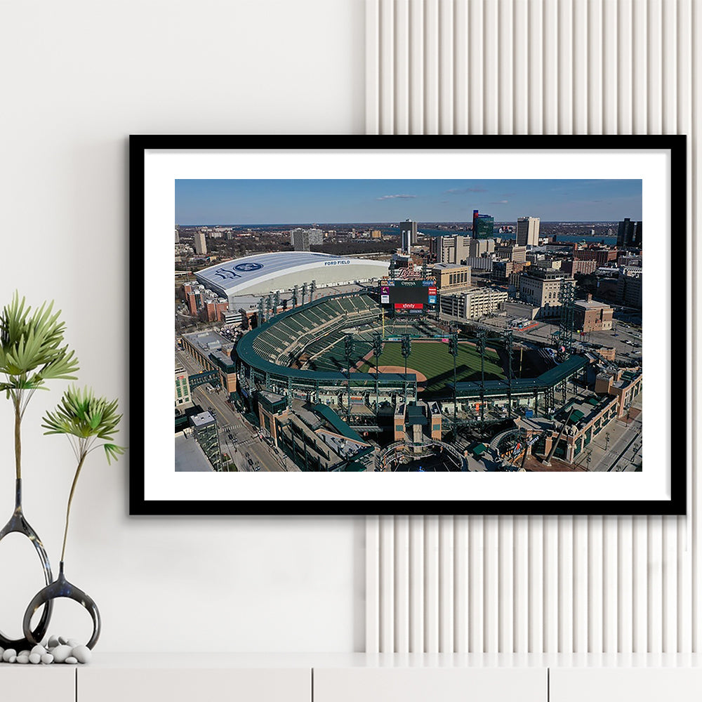 Comerica Park Aerial View, Stadium Canvas, Sport Art, Gift for him, White Border Framed Art Print Wall Decor