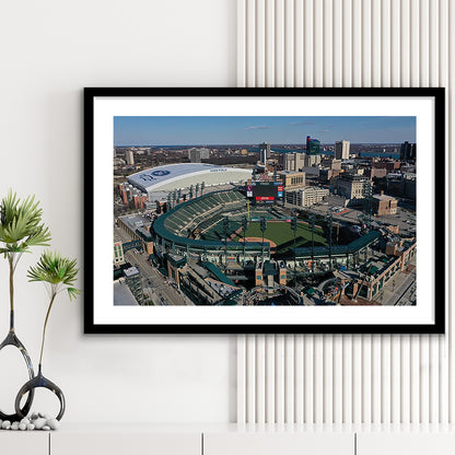 Comerica Park Aerial View, Stadium Canvas, Sport Art, Gift for him, White Border Framed Art Print Wall Decor