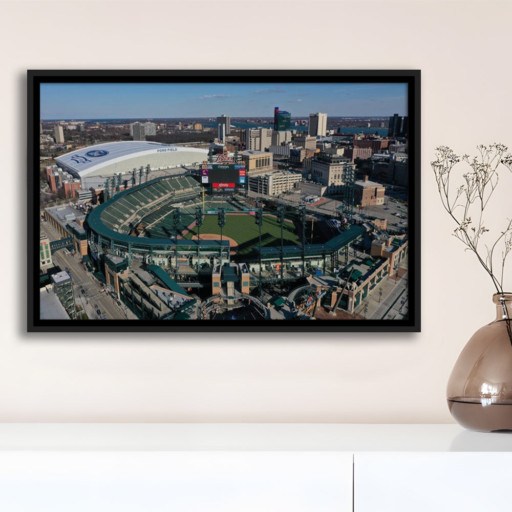 Comerica Park Aerial View, Stadium Canvas, Sport Art, Framed Canvas Print Wall Art, Floating Frame