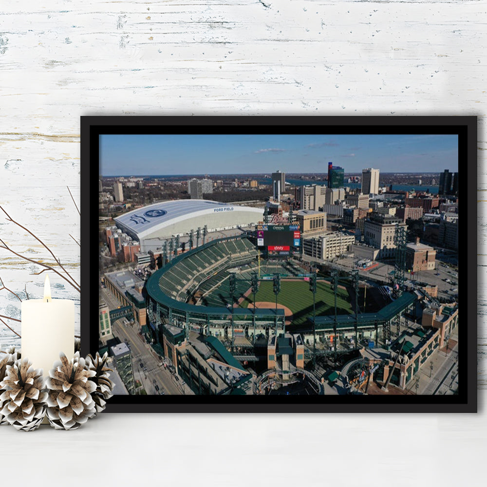 Comerica Park Aerial View, Stadium Canvas, Sport Art, Framed Canvas Print Wall Art, Floating Frame