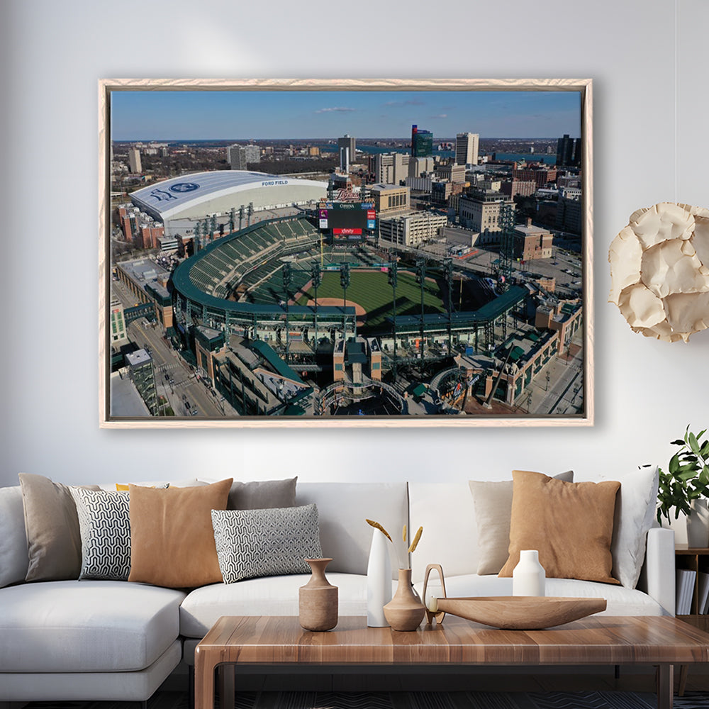 Comerica Park Aerial View, Stadium Canvas, Sport Art, Framed Canvas Print Wall Art, Floating Frame