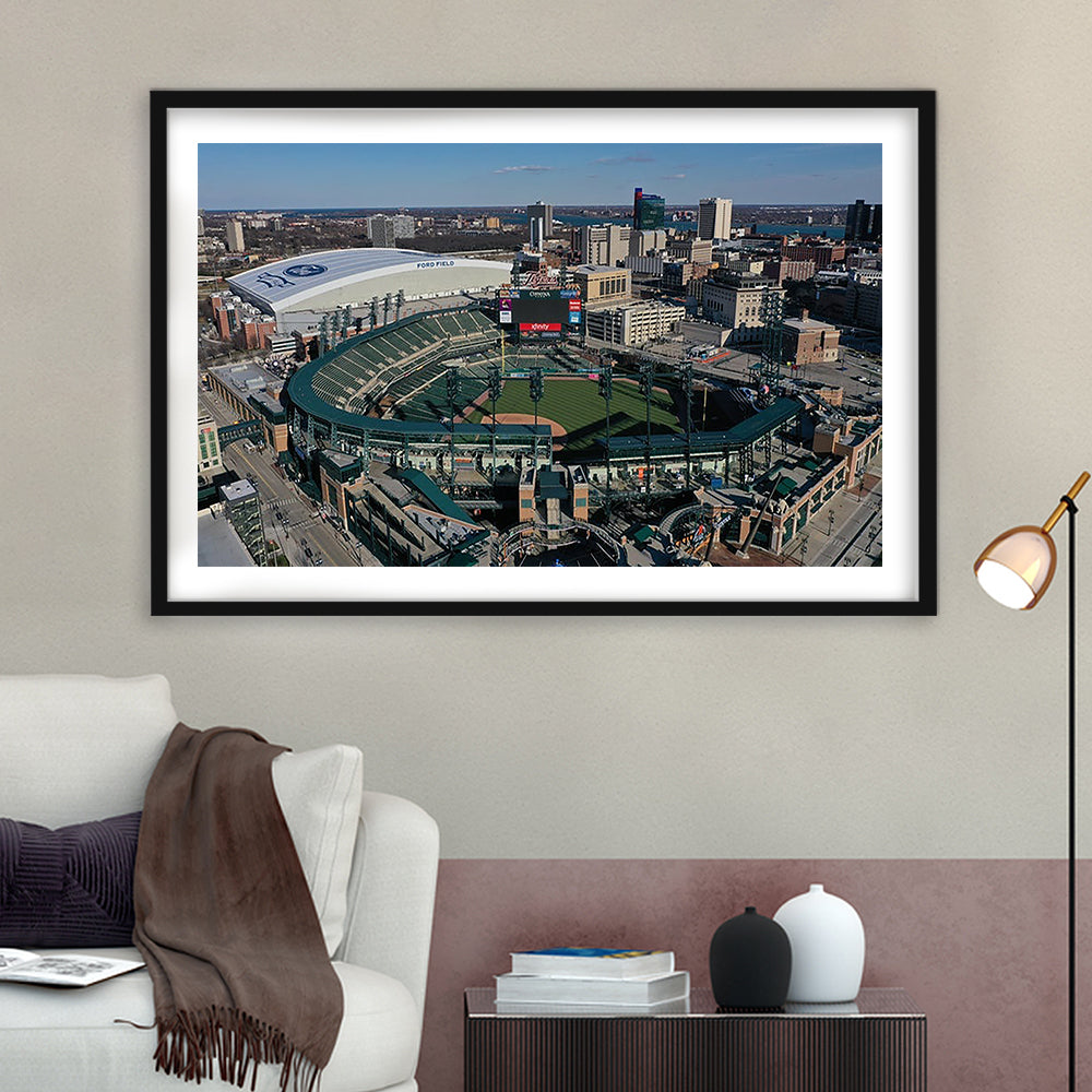 Comerica Park Aerial View, Stadium Canvas, Sport Art, Gift for him, White Border Framed Art Print Wall Decor