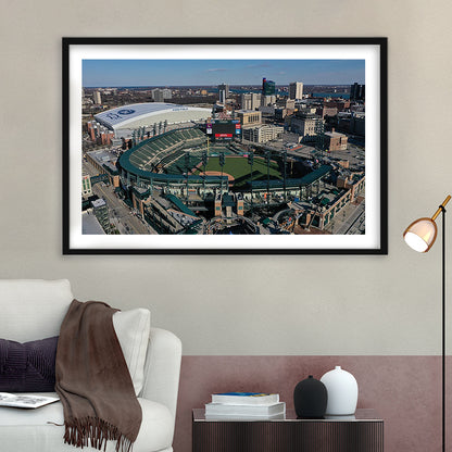 Comerica Park Aerial View, Stadium Canvas, Sport Art, Gift for him, White Border Framed Art Print Wall Decor