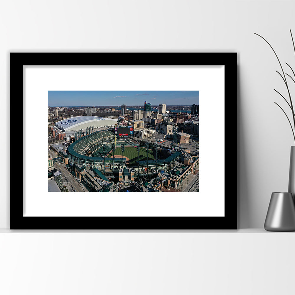 Comerica Park Aerial View, Stadium Canvas, Sport Art, Gift for him, White Border Framed Art Print Wall Decor