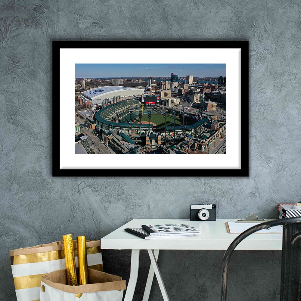 Comerica Park Aerial View, Stadium Canvas, Sport Art, Gift for him, White Border Framed Art Print Wall Decor
