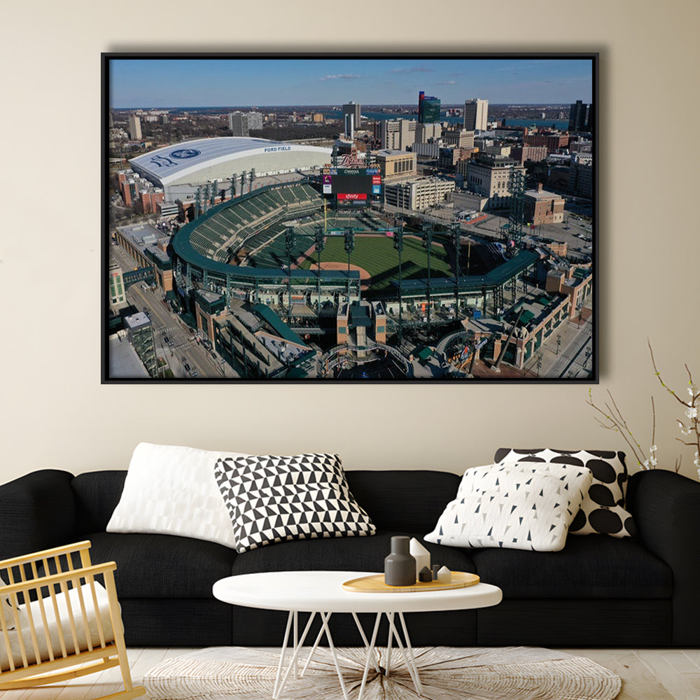 Comerica Park Aerial View, Stadium Canvas, Sport Art, Framed Canvas Print Wall Art, Floating Frame