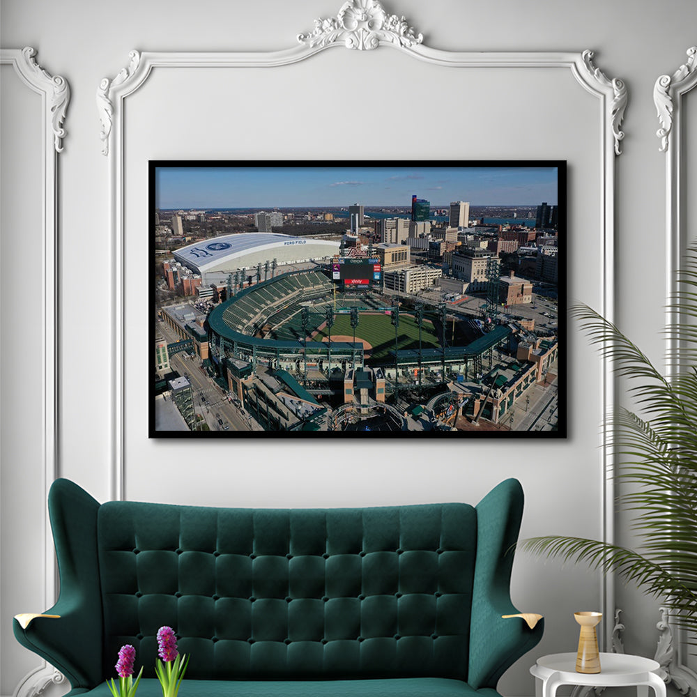 Comerica Park Aerial View, Stadium Canvas, Sport Art, Gift for him, Framed Art Print Wall Decor, Picture Framed