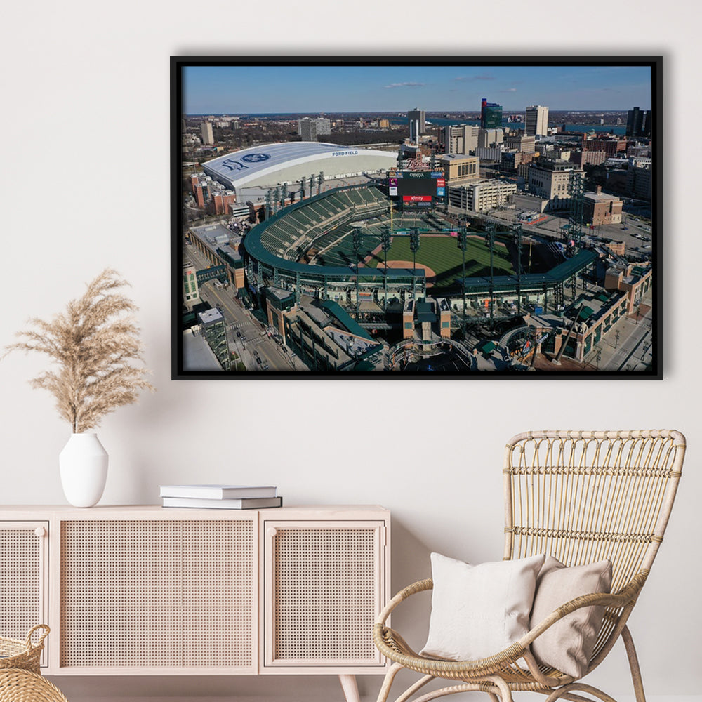 Comerica Park Aerial View, Stadium Canvas, Sport Art, Framed Canvas Print Wall Art, Floating Frame
