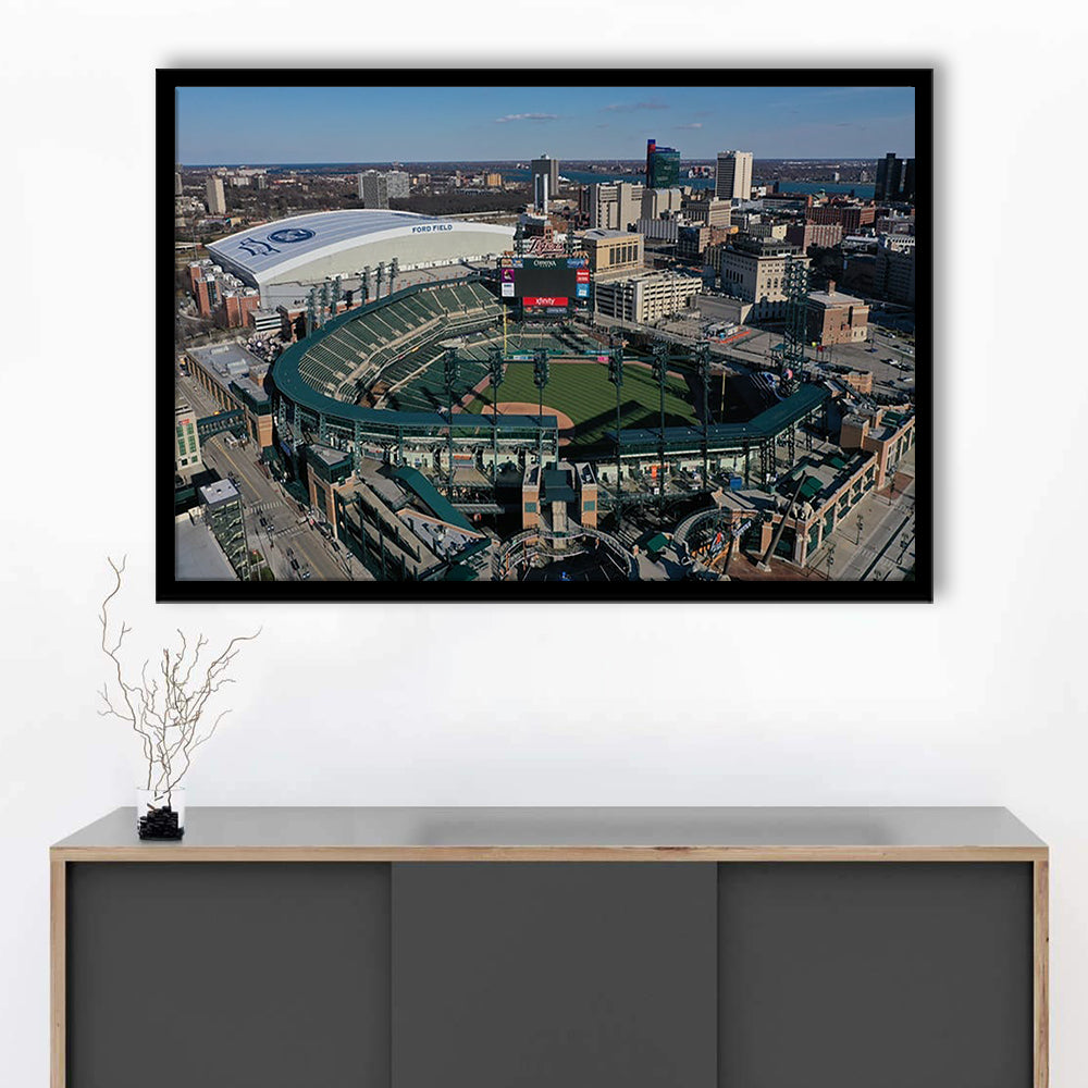 Comerica Park Aerial View, Stadium Canvas, Sport Art, Gift for him, Framed Art Print Wall Decor, Picture Framed