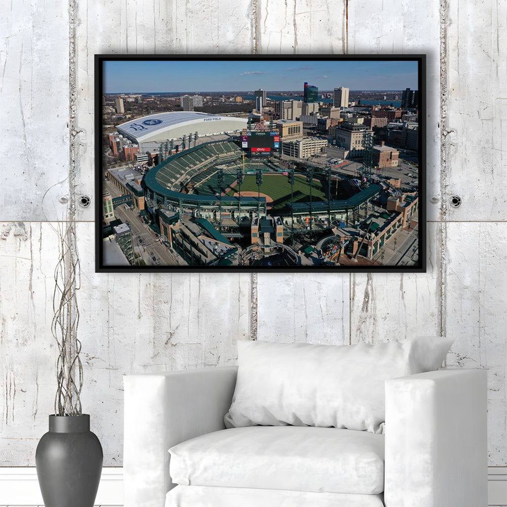 Comerica Park Aerial View, Stadium Canvas, Sport Art, Framed Canvas Print Wall Art, Floating Frame