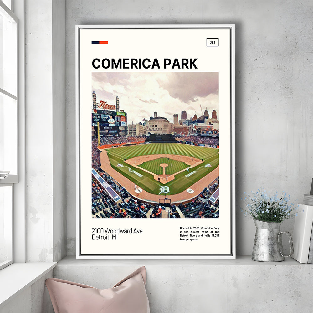 Comerica Park Print, Detroit Tigers Stadium Canvas Art, Man Cave Gift, Floating Framed Canvas Print Wall Art