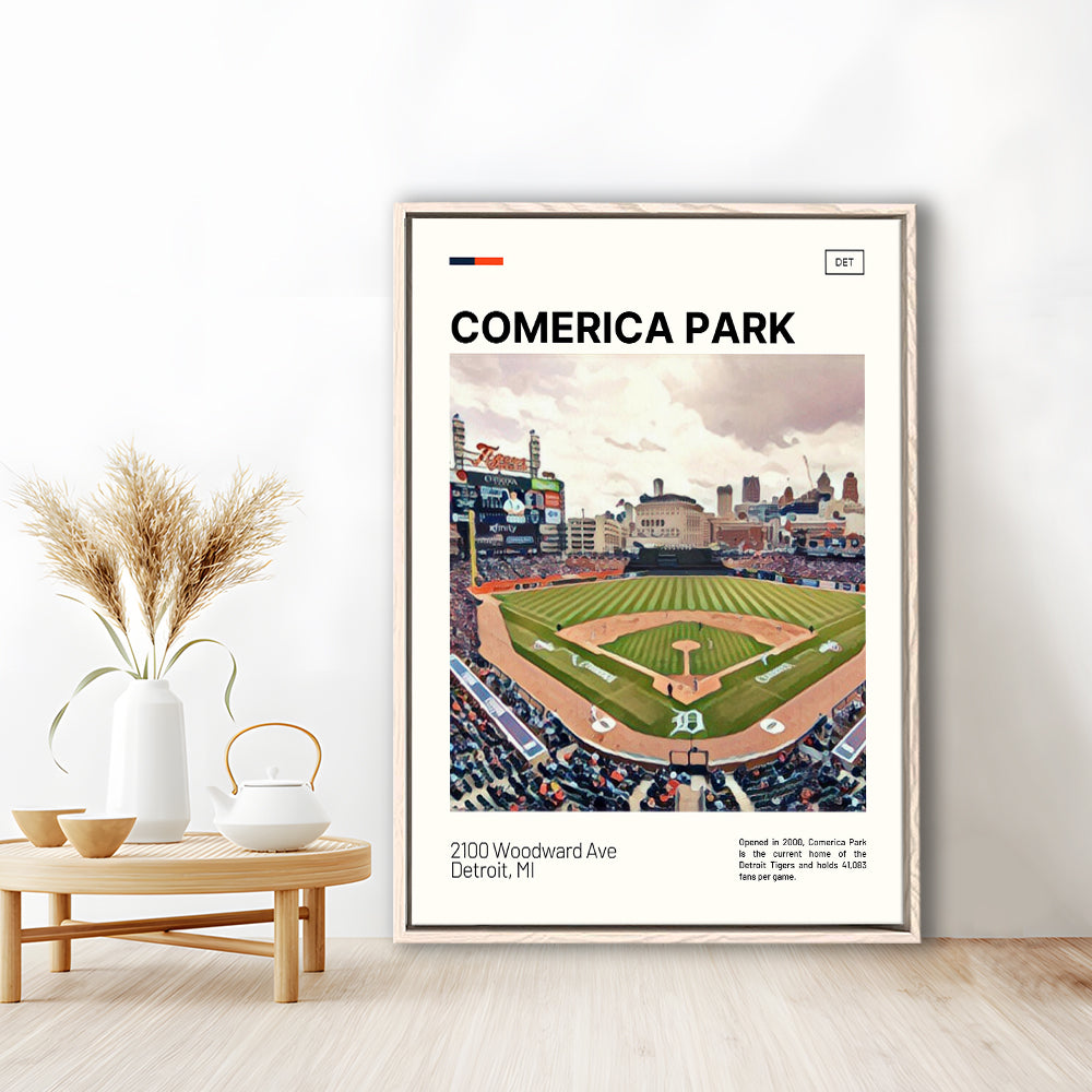 Comerica Park Print, Detroit Tigers Stadium Canvas Art, Man Cave Gift, Floating Framed Canvas Print Wall Art
