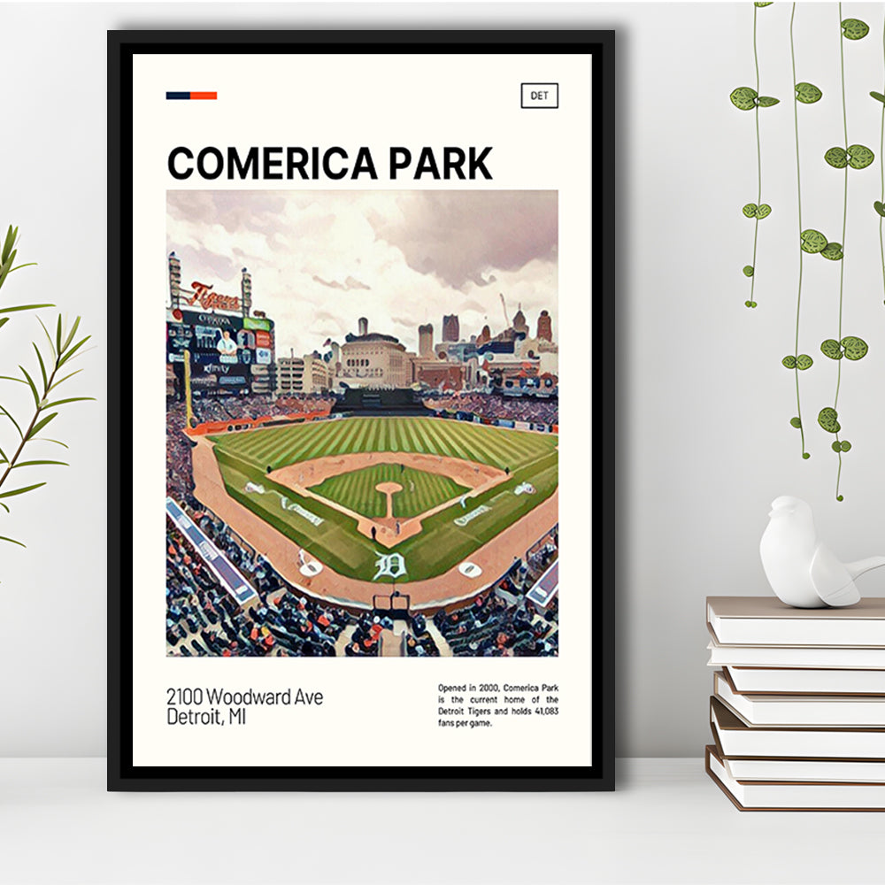 Comerica Park Print, Detroit Tigers Stadium Canvas Art, Man Cave Gift, Floating Framed Canvas Print Wall Art