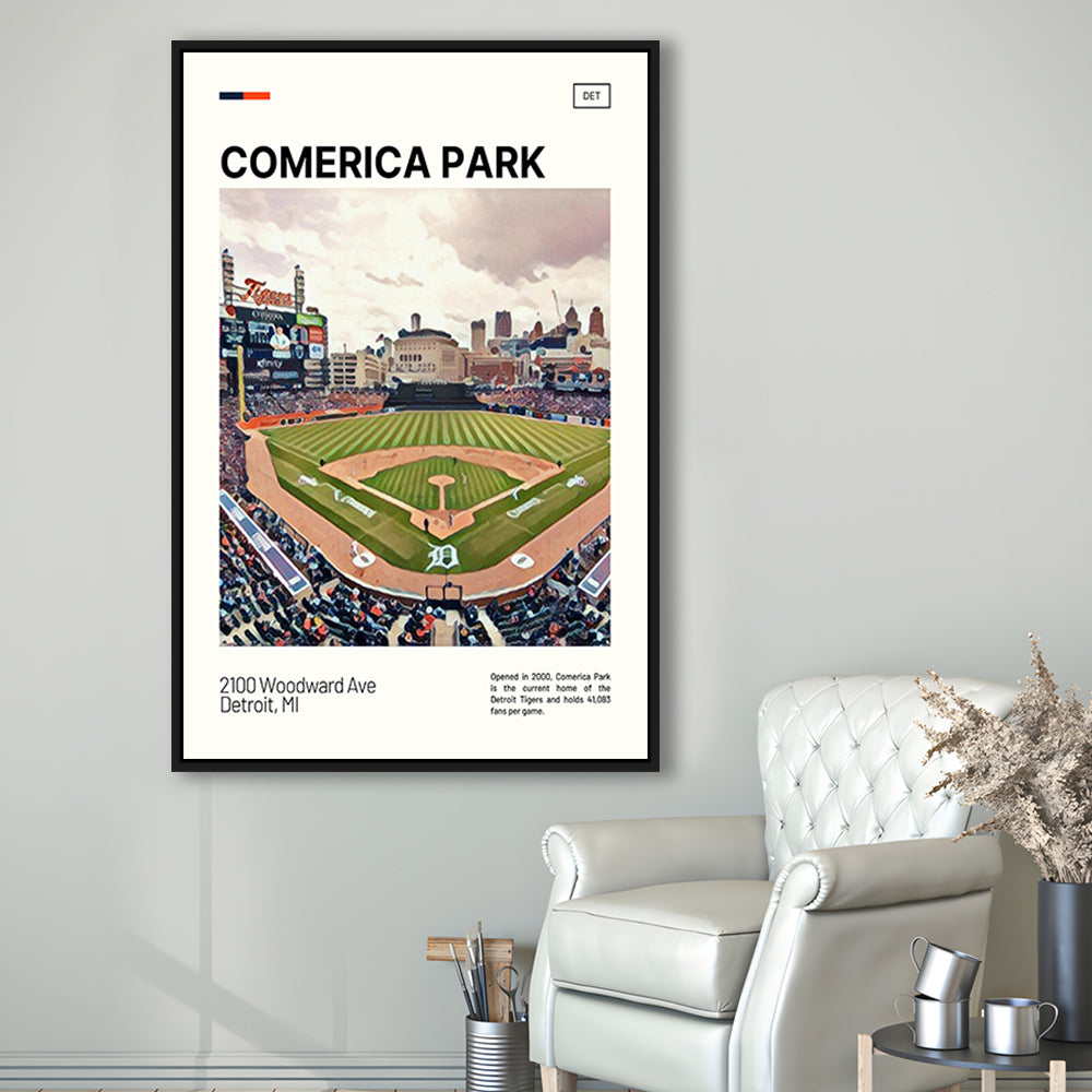 Comerica Park Print, Detroit Tigers Stadium Canvas Art, Man Cave Gift, Floating Framed Canvas Print Wall Art