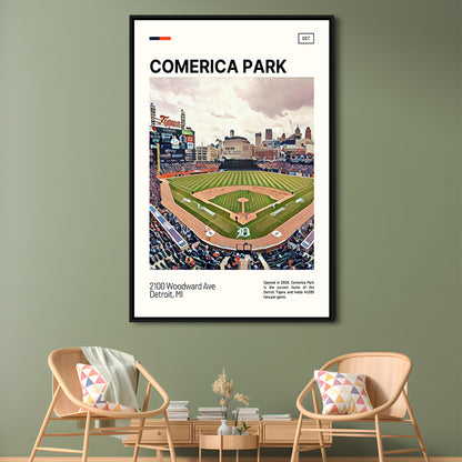 Comerica Park Print, Detroit Tigers Stadium Canvas Art, Man Cave Gift, Floating Framed Canvas Print Wall Art