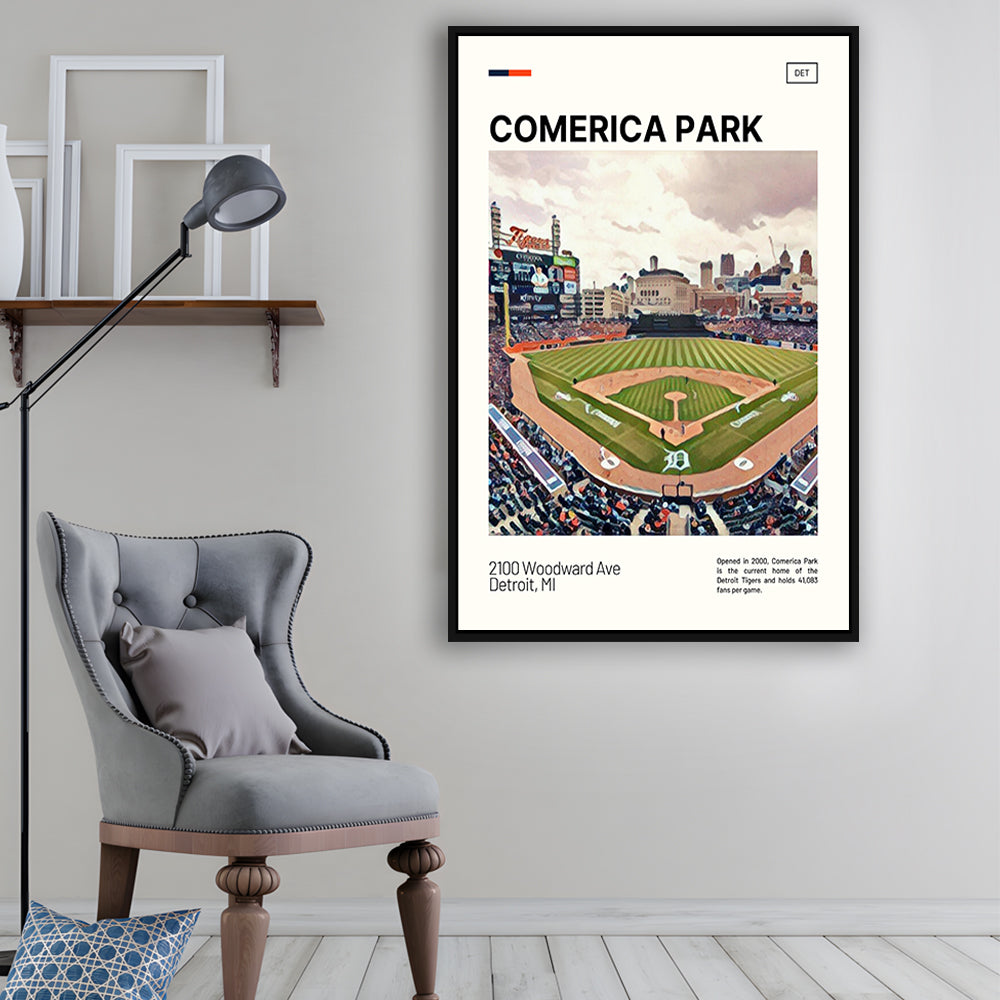 Comerica Park Print, Detroit Tigers Stadium Canvas Art, Man Cave Gift, Floating Framed Canvas Print Wall Art