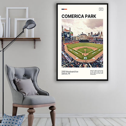 Comerica Park Print, Detroit Tigers Stadium Canvas Art, Man Cave Gift, Floating Framed Canvas Print Wall Art
