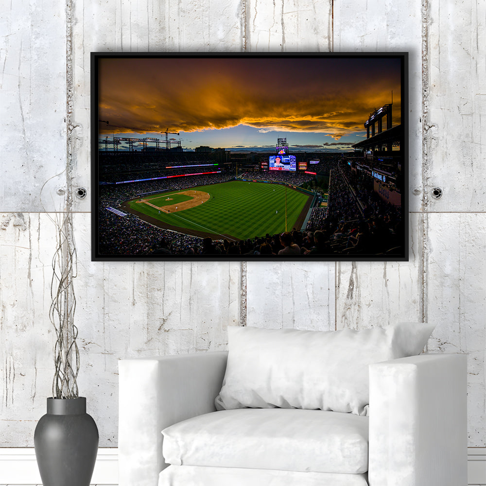 Coors Field Rockies on Cloudy Day, Stadium Canvas, Sport Art, Framed Canvas Print Wall Art, Floating Frame