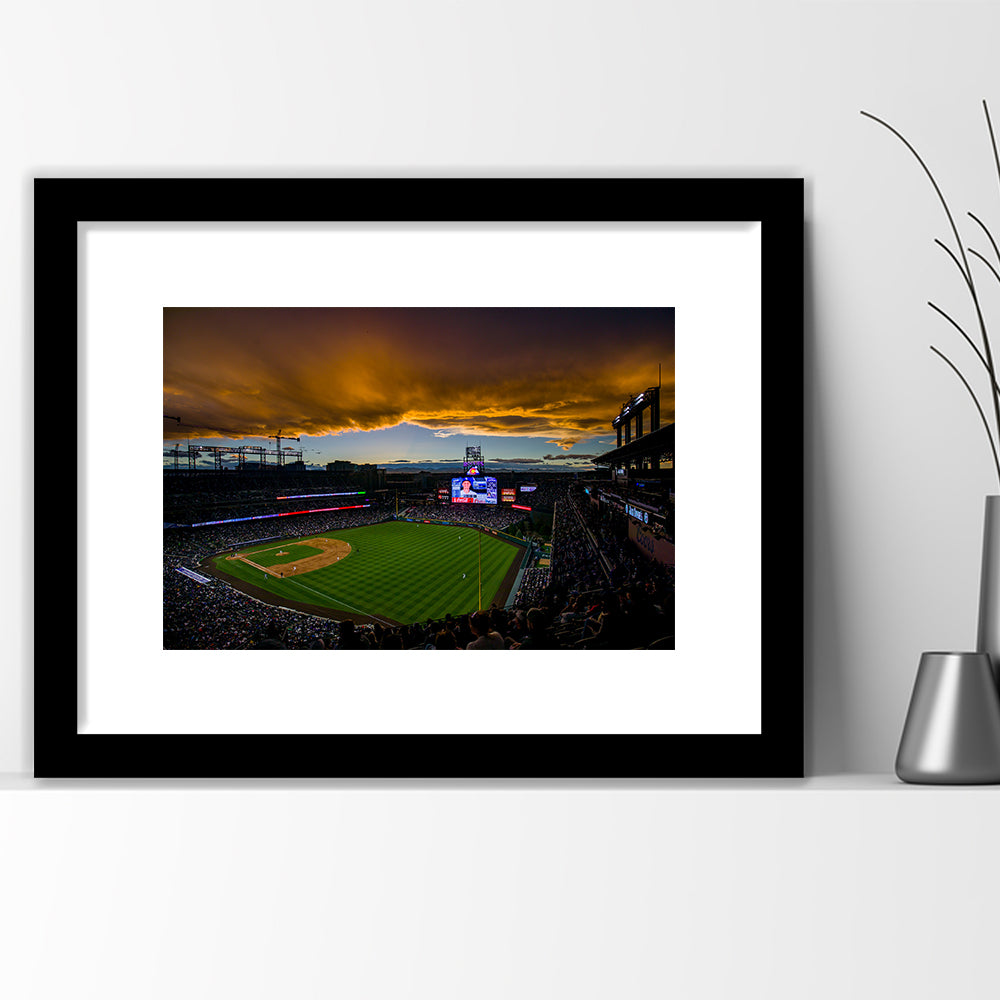 Coors Field Rockies on Cloudy Day, Stadium Canvas, Sport Art, Gift for him, White Border Framed Art Print Wall Decor