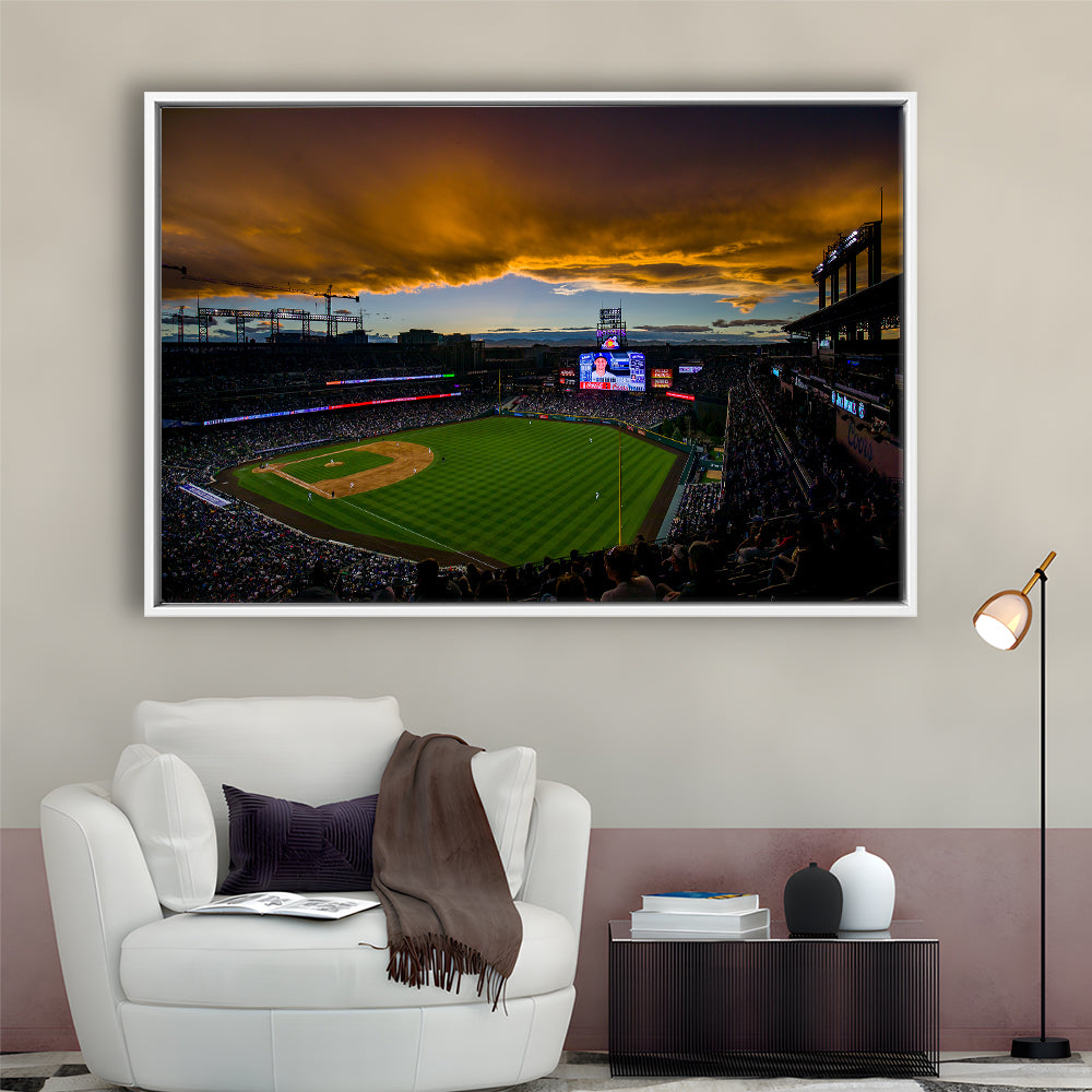 Coors Field Rockies on Cloudy Day, Stadium Canvas, Sport Art, Framed Canvas Print Wall Art, Floating Frame