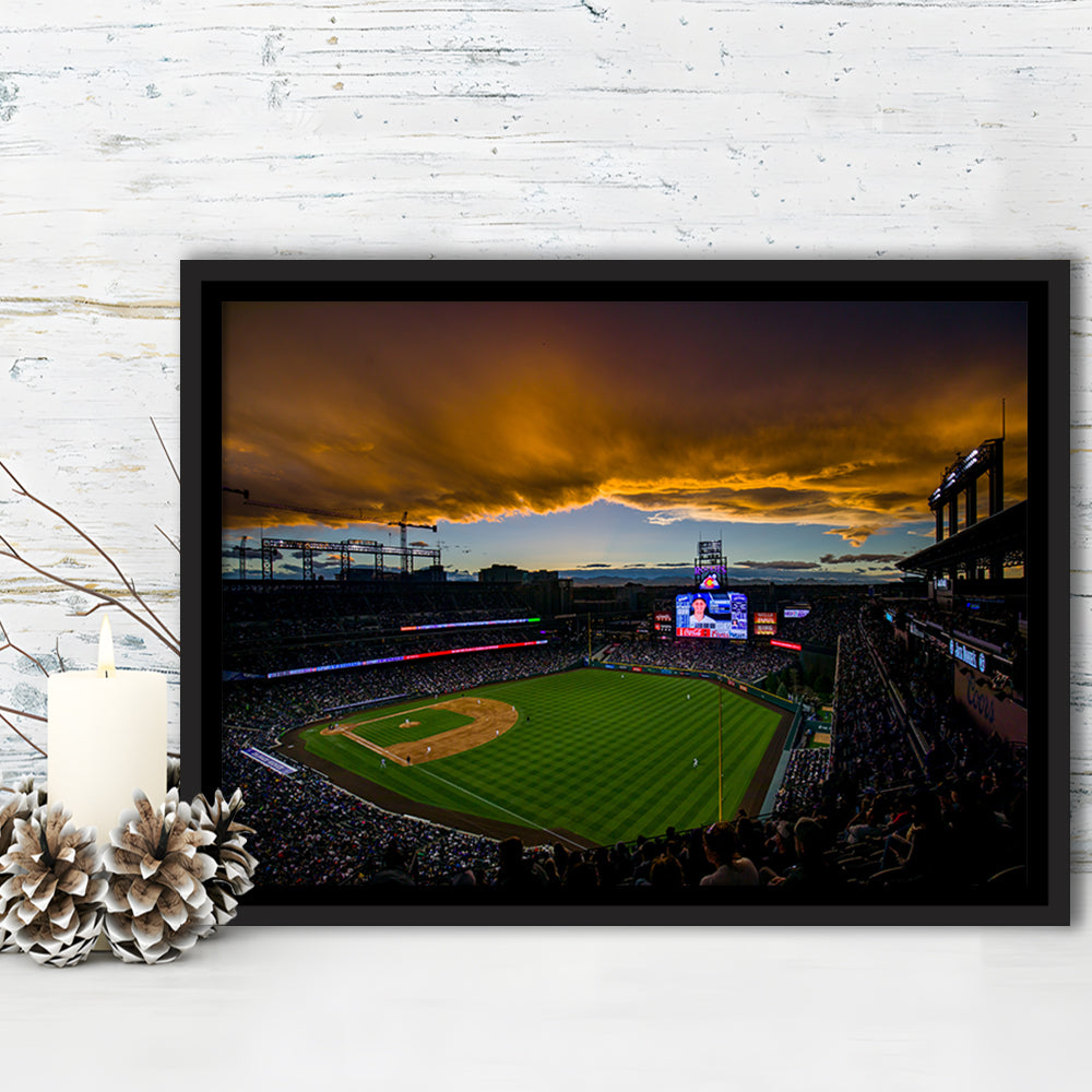 Coors Field Rockies on Cloudy Day, Stadium Canvas, Sport Art, Framed Canvas Print Wall Art, Floating Frame