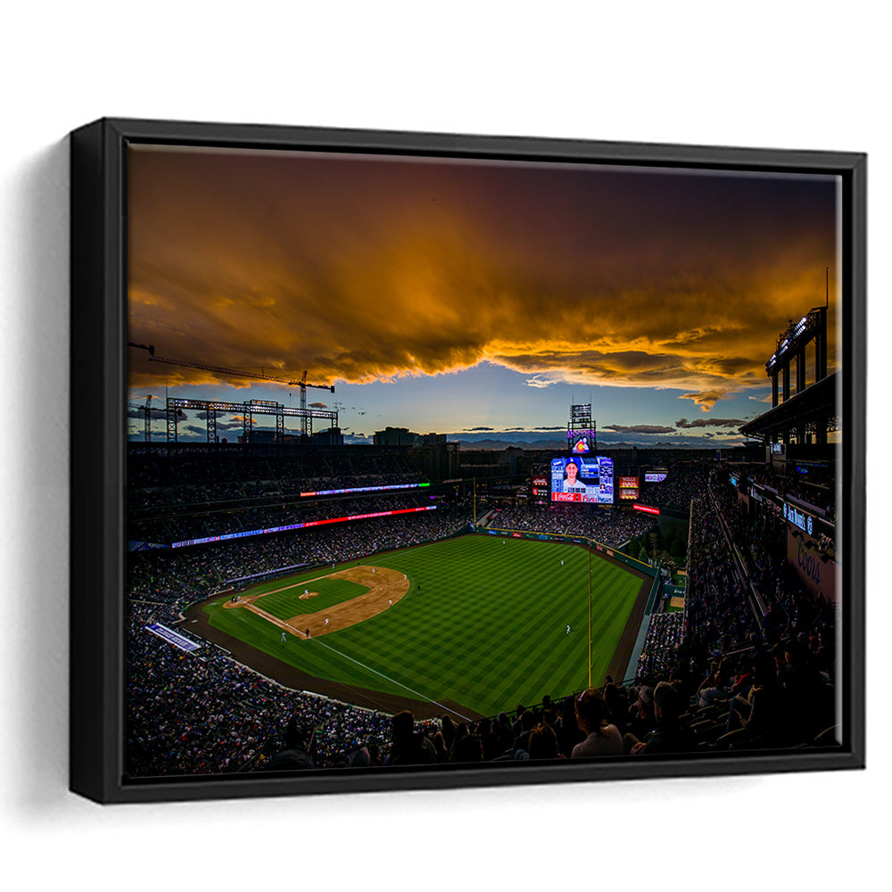 Coors Field Rockies on Cloudy Day, Stadium Canvas, Sport Art, Framed Canvas Print Wall Art, Floating Frame