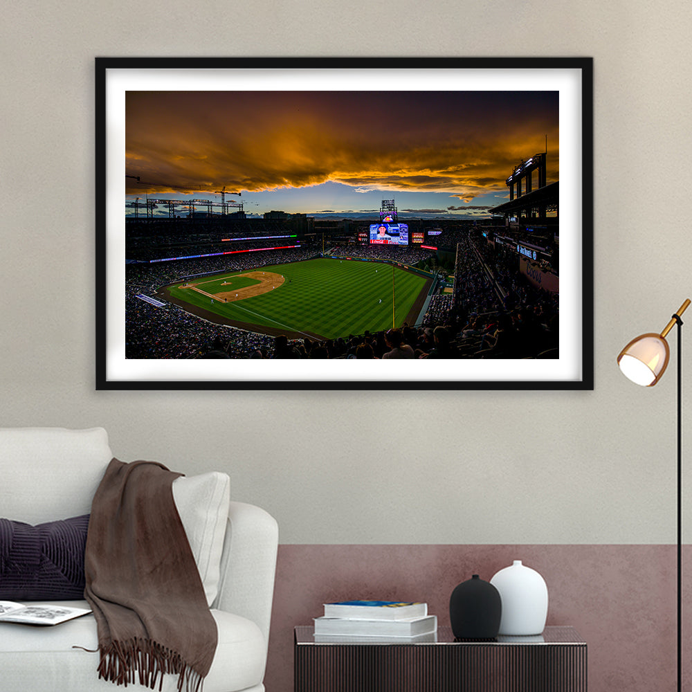 Coors Field Rockies on Cloudy Day, Stadium Canvas, Sport Art, Gift for him, White Border Framed Art Print Wall Decor